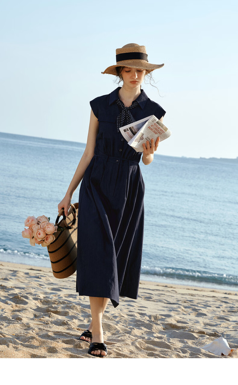 Olrain Eurier High Intelligence Style New Summer Polka Dot Scarf Design Lapel Slim Waist Dress Navy Blue M 16