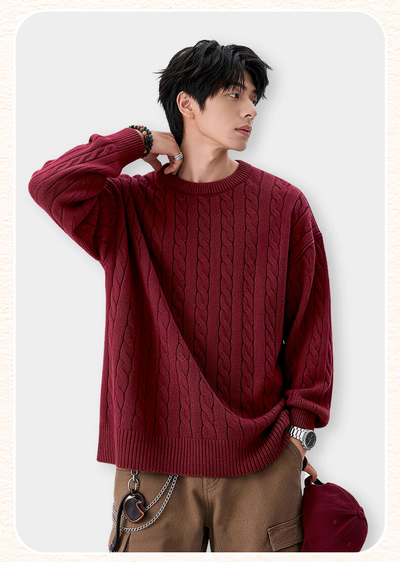 MINISO Men's Round Neck Cable Knit Sweater Autumn Winter Warm Anti-Cold Casual Couple Pullover Black 3XL 18
