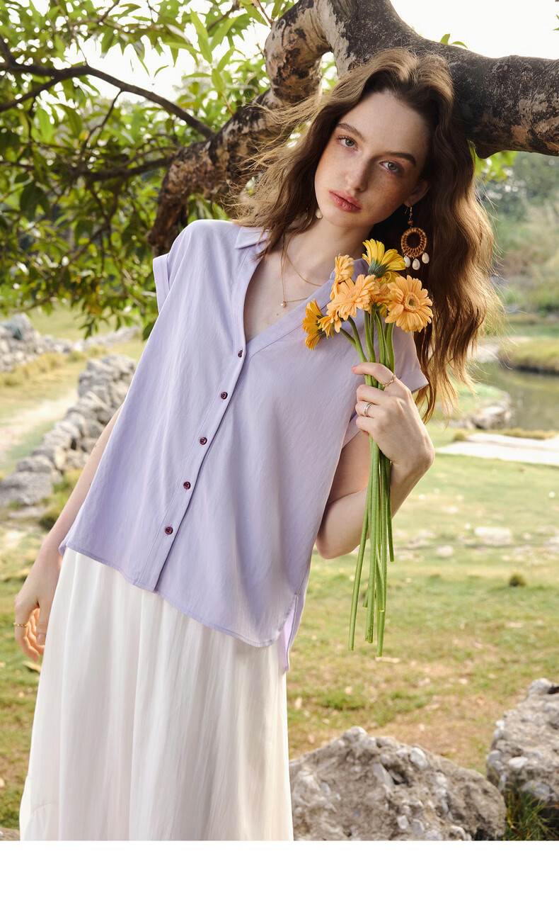 Olrain Lazy Design Short Sleeve Shirt Women's Summer New Elegant Cardigan Top Purple M 17
