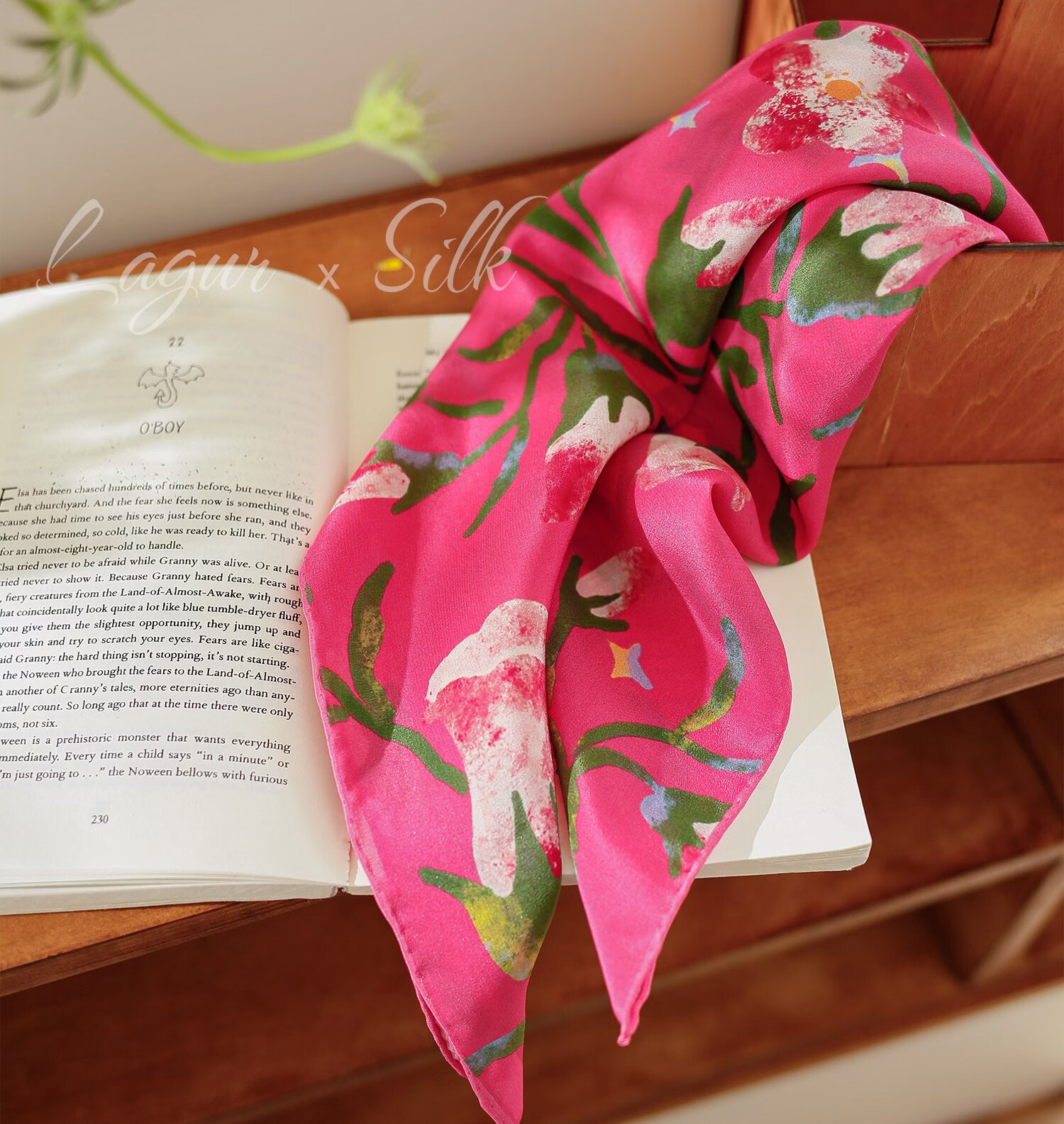 Lagur "Rose Red Morning Glory" Original Handmade Fine Rolled Mulberry Silk Scarf Midnight Blue (Pink Gift Box) 32