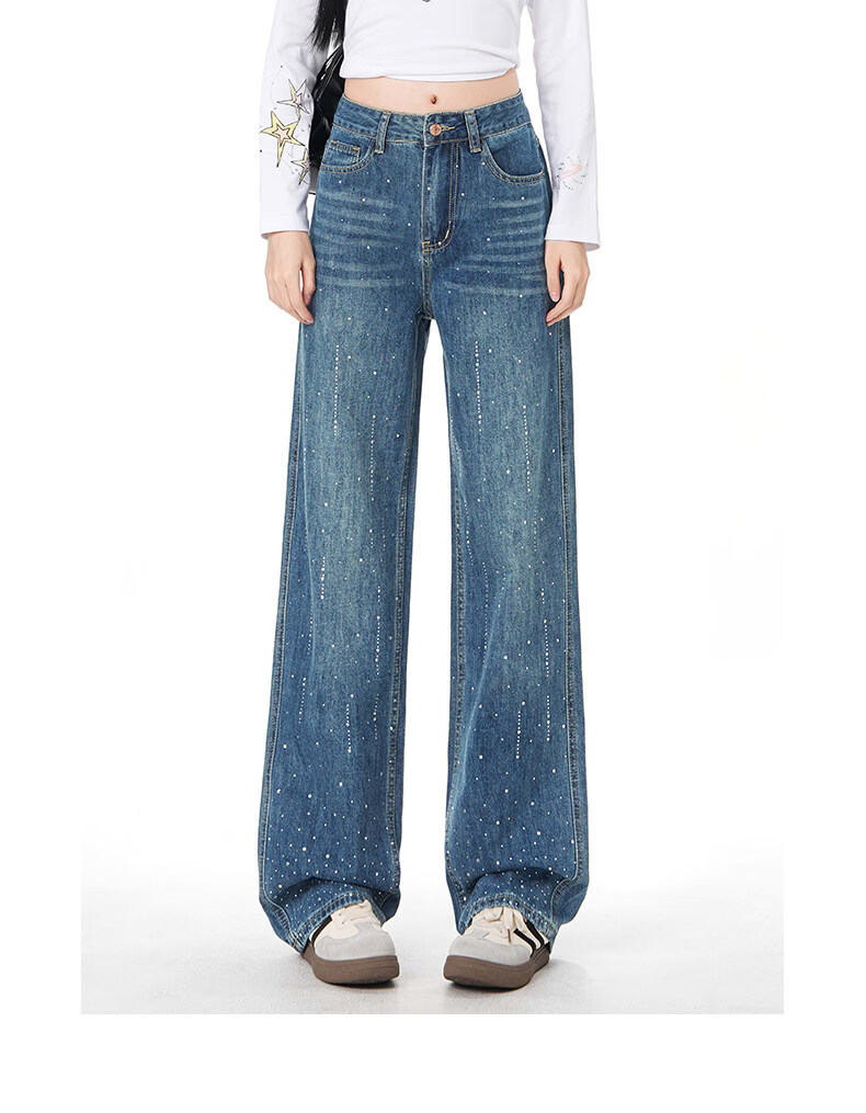 :CHOCOOLATE Women's Vintage American Style Rhinestone Washed Straight Leg Wide Leg Jeans Summer New Retro Blue XS 10