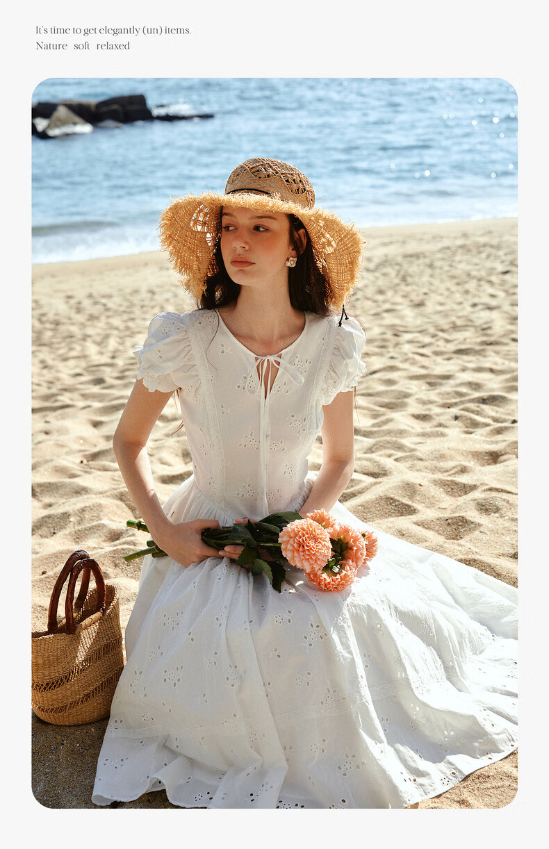 Olrain Eurielle French Embroidered New Summer White Waist-Tied Round Neck Puff Sleeve Dress White XL 13