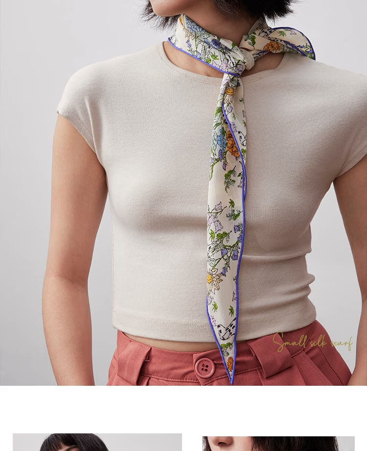 Lagur "French Wonderland" 100% Mulberry Silk Small Scarf 12 Momme Silk Triangle Neck Scarf Spring Autumn Cream Yellow 16