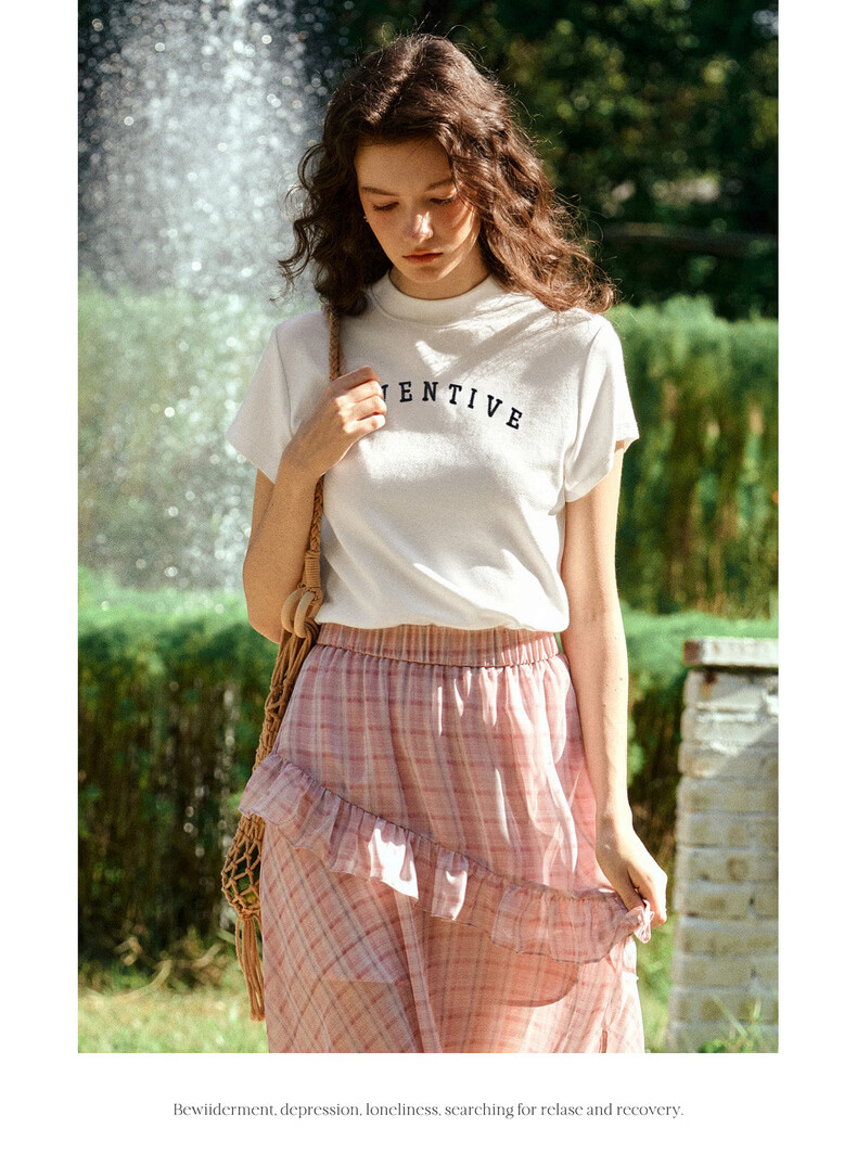 Olrain Oureier Stand Collar Letter Embroidered Short Sleeve T-Shirt Women Summer Casual Slim Fit Top White M 18
