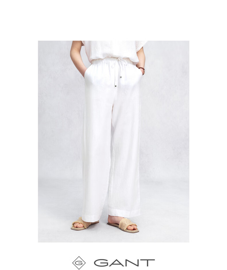 GANT Women's Spring Summer Pure Linen Casual Pants Vintage Old Coin Wide Leg Trousers 115-White M 4