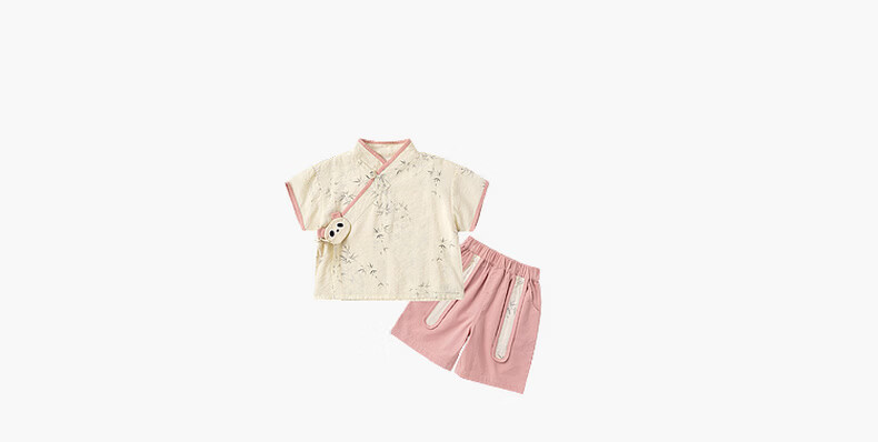Dudu Baby New Chinese Style Summer Set Children's National Style Two-Piece Boys Short Sleeve Girls Shorts Summer Outfit Pink 90cm 17