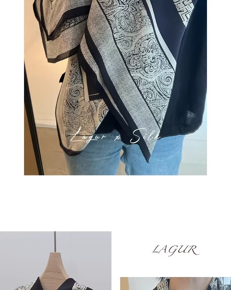 Lagur French Vintage Classic High-End Black and White 100% Mulberry Silk Square Scarf Versatile Neck Scarf for Women 16