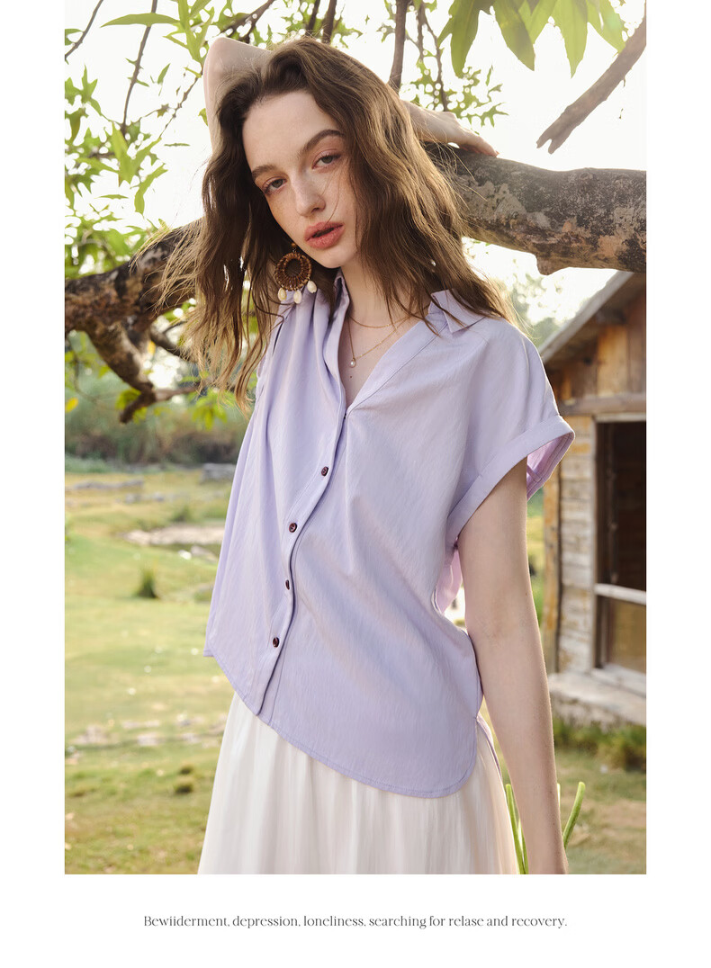 Olrain Lazy Design Short Sleeve Shirt Women's Summer New Elegant Cardigan Top Purple M 19