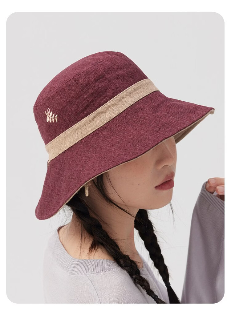 Lagur Natural Ramie Double-Sided Embroidered Fisherman Hat with Wild Berry Pattern, Large Head Circumference, Sun Protection, Red Rice Color 16