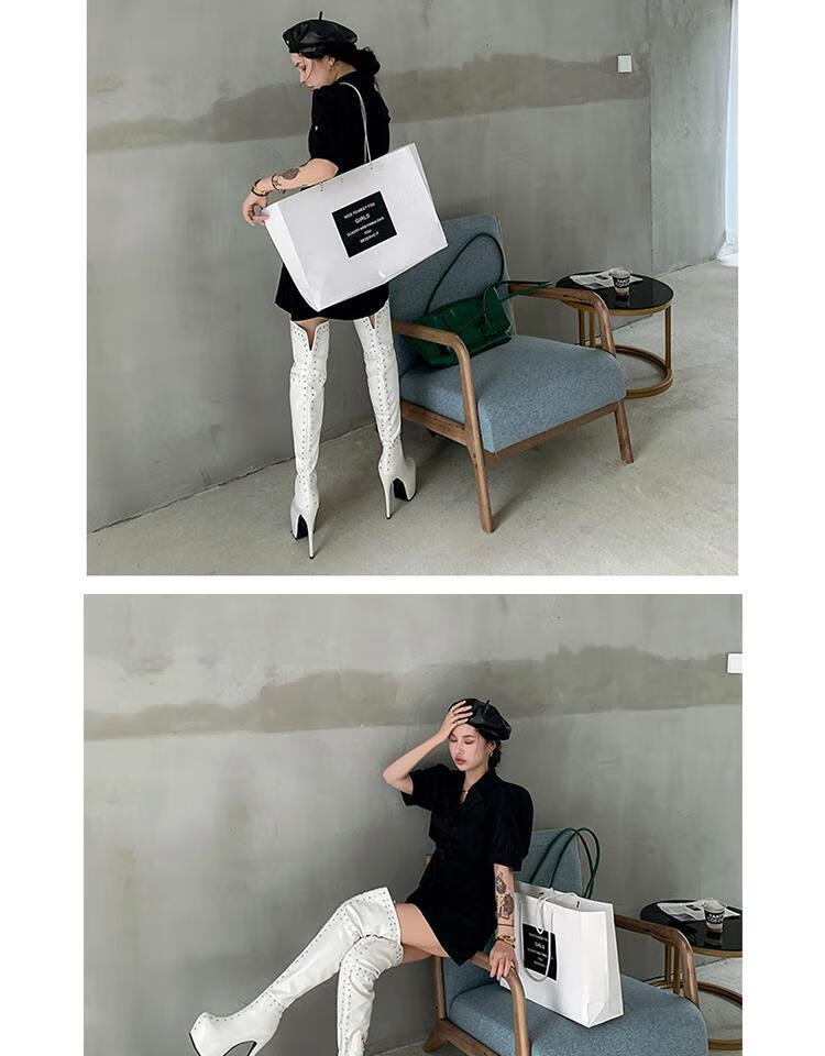 伪娘大码过膝长靴性感铆钉钢管舞细高跟舞台演出反串e伪娘大码过膝