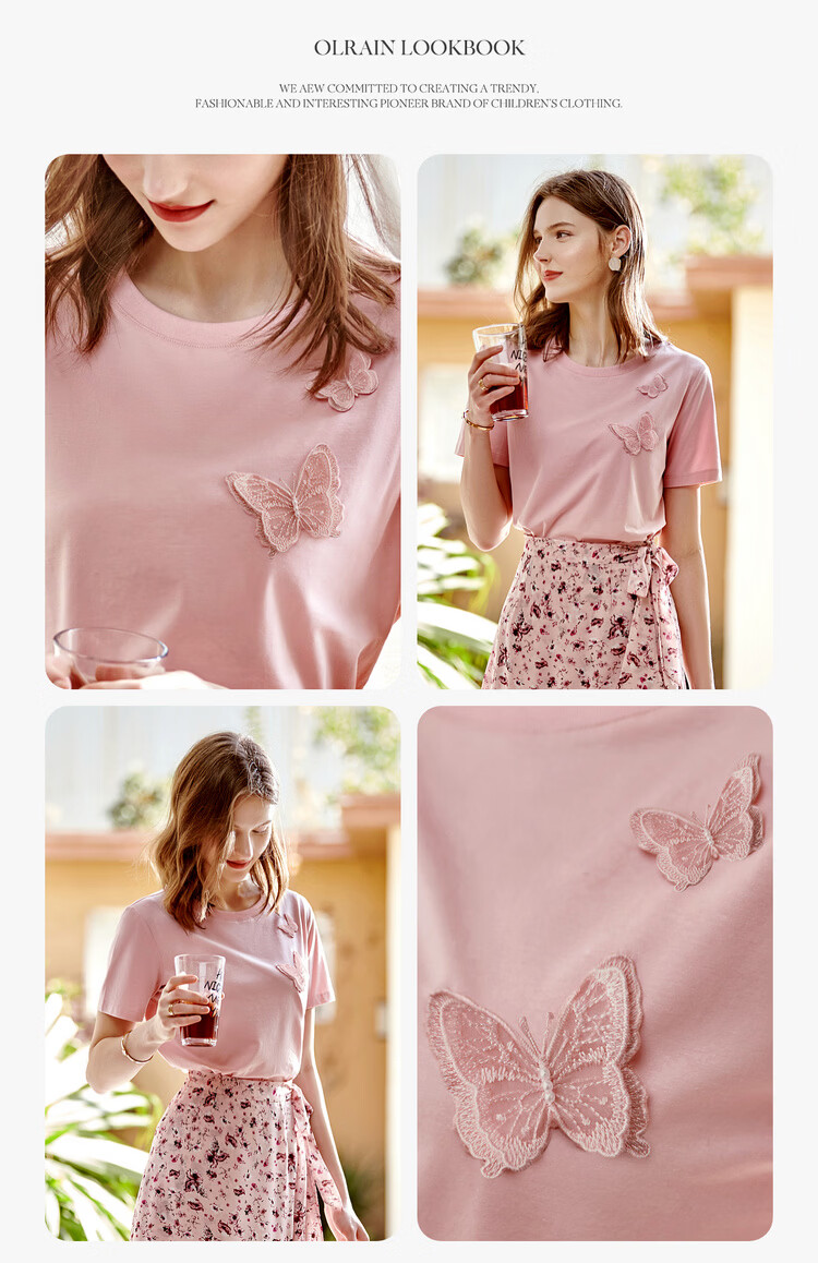 Olrain Embroidered Butterfly Short Sleeve T-Shirt Women Summer Casual Loose Top Pink (New Batch) L 8