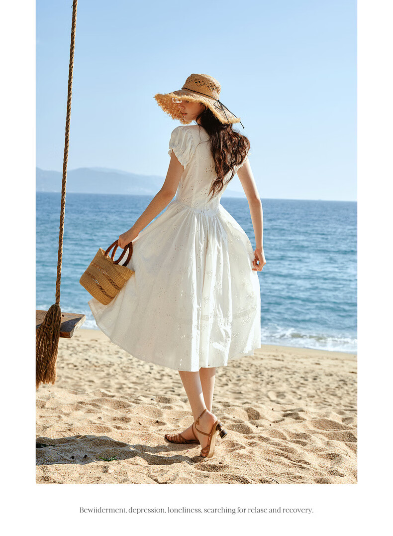 Olrain Eurielle French Embroidered New Summer White Waist-Tied Round Neck Puff Sleeve Dress White XL 20
