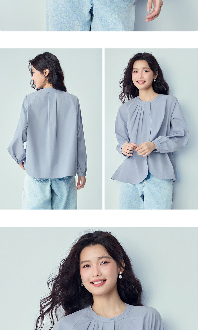 Giordano Women's Long Sleeve Shirt New Pure Cotton Loose Pleated Round Neck Raglan Casual Commuter Blouse 13346103 15