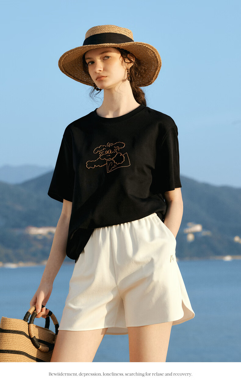 Olrain Eurier New Summer Women's Casual Dog Embroidery Crew Neck Loose Short Sleeve T-Shirt Black XL 10
