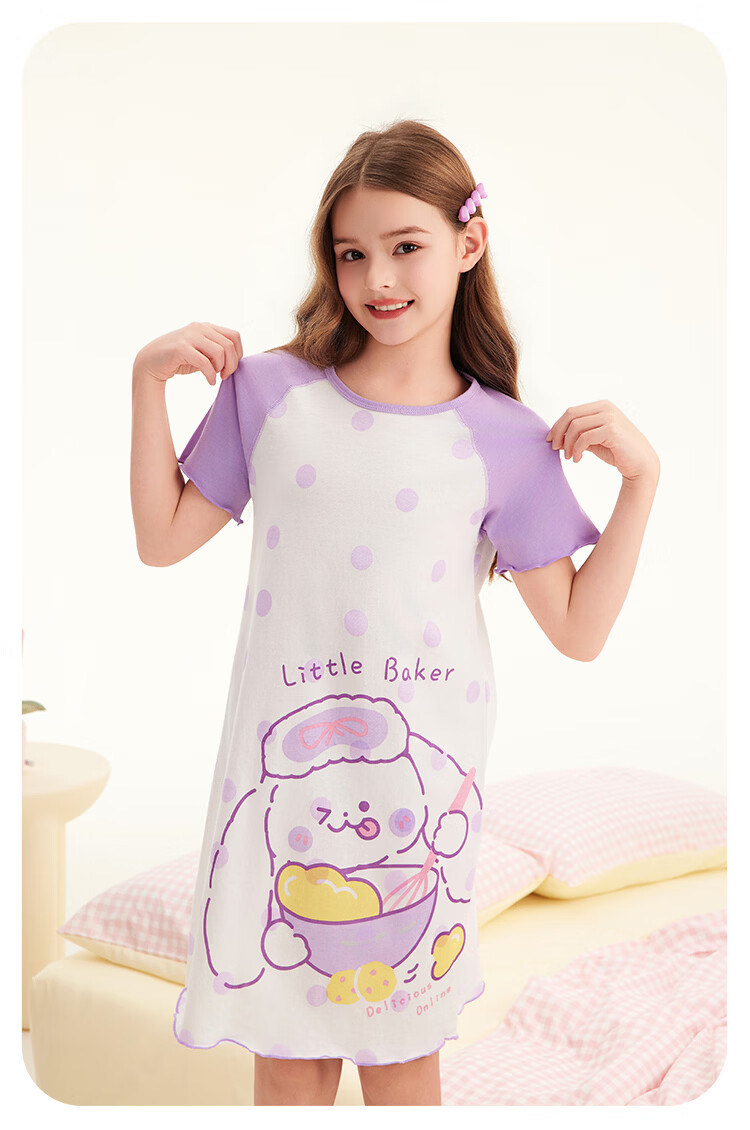DEESHA 【7A Antibacterial 100% Cotton】Girls Lightweight Breathable Skin-friendly Summer Short Sleeve Cotton Home Dress 9