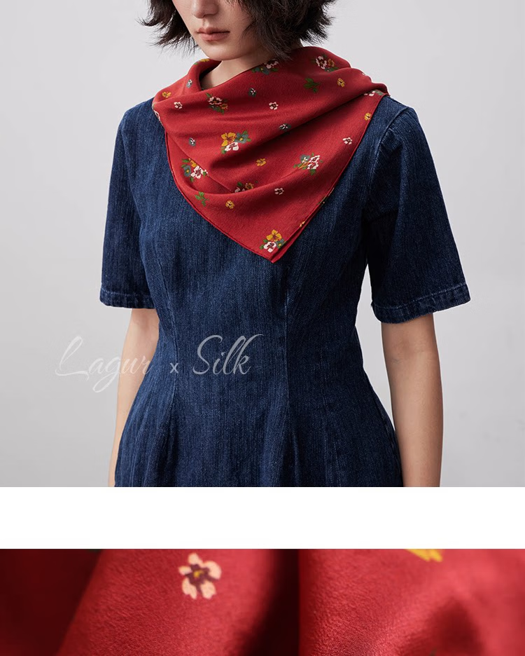 Lagur Nostalgic "Oriental Aesthetic" Vintage Red Mulberry Silk Scarf Square Hong Kong Style Women's Gift for Mom Camellia Red 15