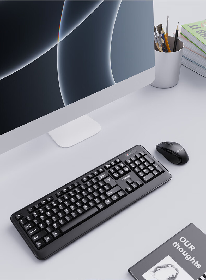 Founder W6202 Classic Black Ultra-thin Waterdrop Keycaps Wireless Keyboard and Mouse Set Lightweight Silent Office Business Keyboard and Mouse for Laptop and Desktop 14