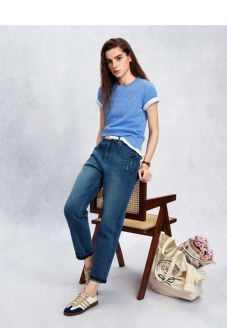 GANT Women's Spring Summer Slim Fit Round Neck Elegant Cable Knit Short Sleeve Sweater 115-White S 6