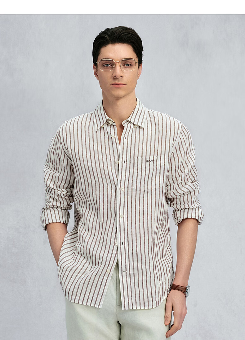 GANT Yuanye Shirt Spring Summer Men's Pure Linen Striped Comfortable Long Sleeve Shirt 276-Coffee Color M 5