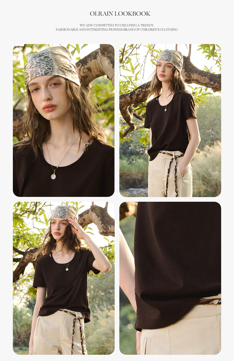 Olrain Oureier Round Neck Beaded Fitted Short Sleeve T-Shirt Women's Summer New Casual Trendy Top Beige L 11