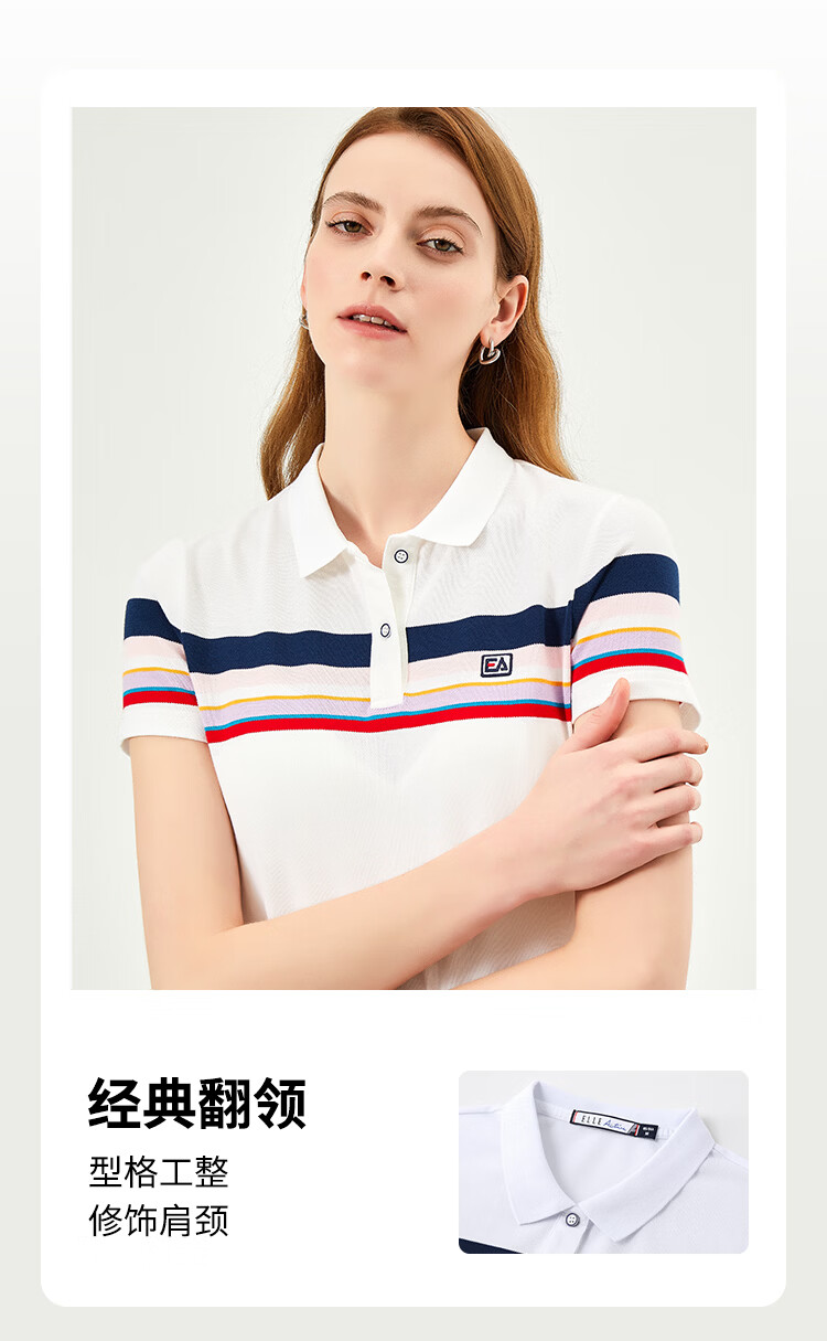 ELLE ACTIVE Fashion Color-Block Striped Polo Shirt Women Short Sleeve Casual Sports T-Shirt Summer Vibrant Collared Top White L 2