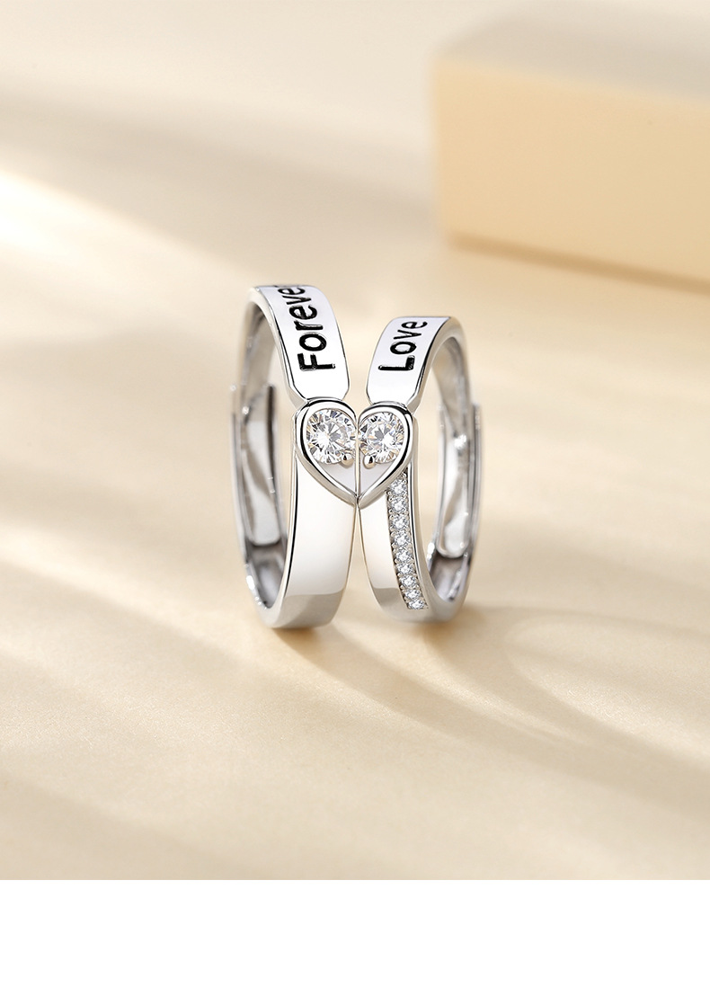 优诗诺 心心相印戒指永恒情侣s925银字母foreverlove爱心七夕情人节