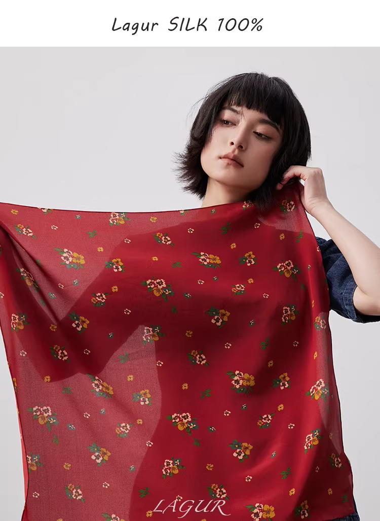 Lagur Nostalgic "Oriental Aesthetic" Vintage Red Mulberry Silk Scarf Square Hong Kong Style Women's Gift for Mom Camellia Red 2