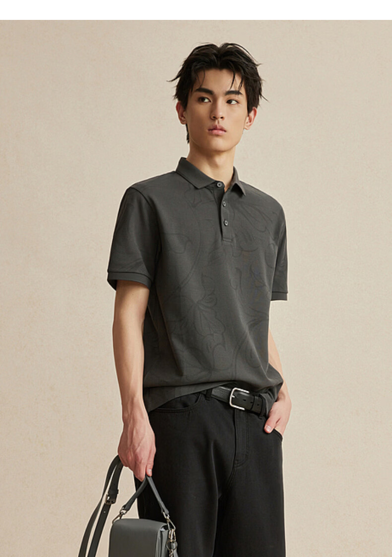 CABBEEN 200G Sorona Cooling Pique Polo Shirt Men Same Color Tone Dark Floral Pattern 2026 Summer Short Sleeve T-Shirt 18