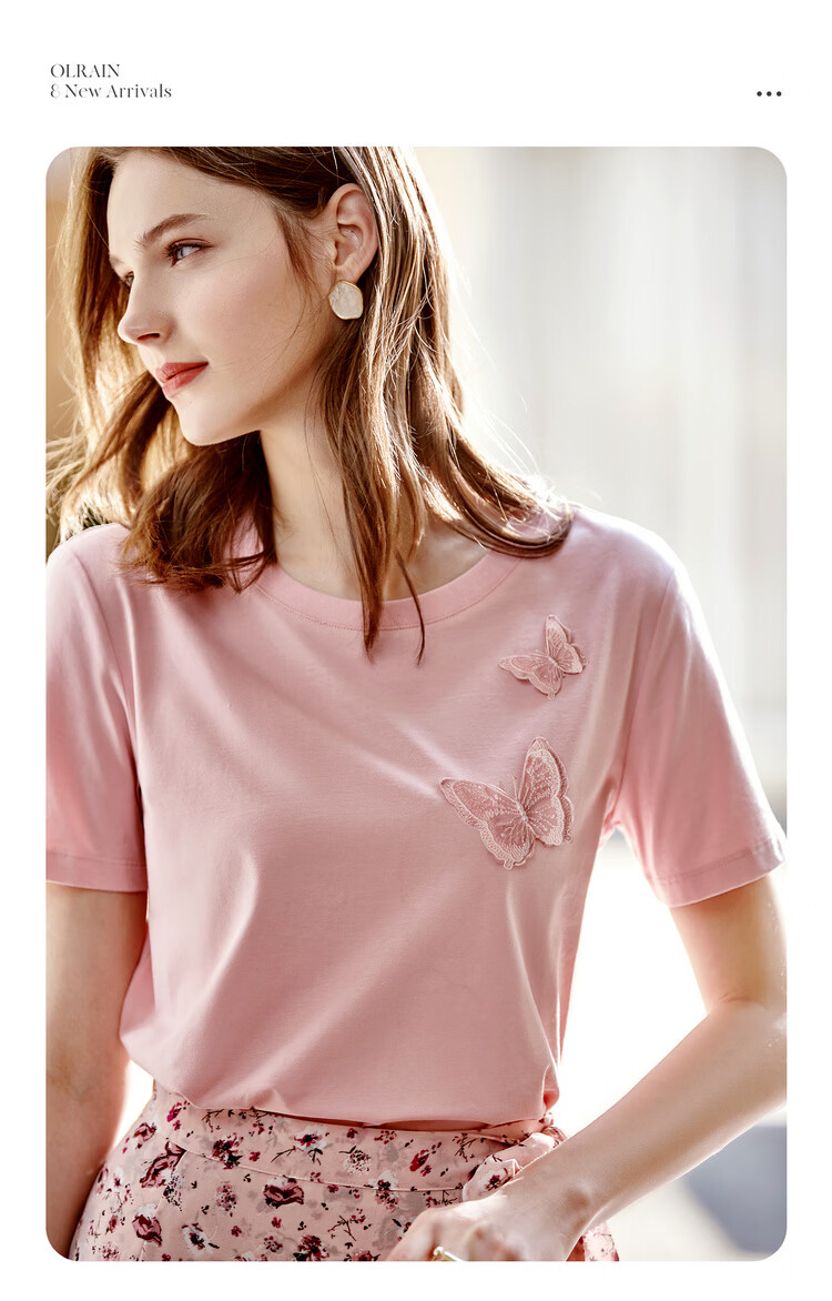 Olrain Embroidered Butterfly Short Sleeve T-Shirt Women Summer Casual Loose Top Pink (New Batch) L 4