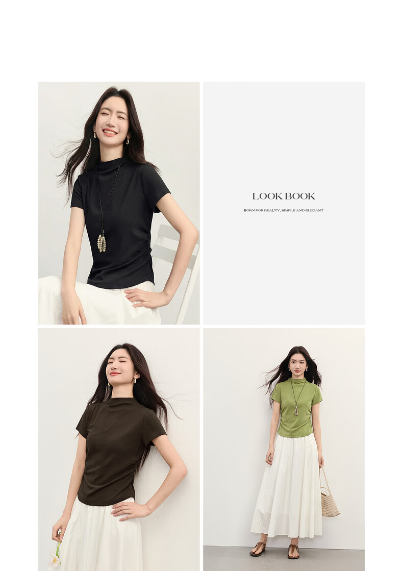 Sllsky Tencel Cotton Slim Fit T-Shirt Women Summer Waist Slimming Half High Neck Short Sleeve Top Midnight Black L 15