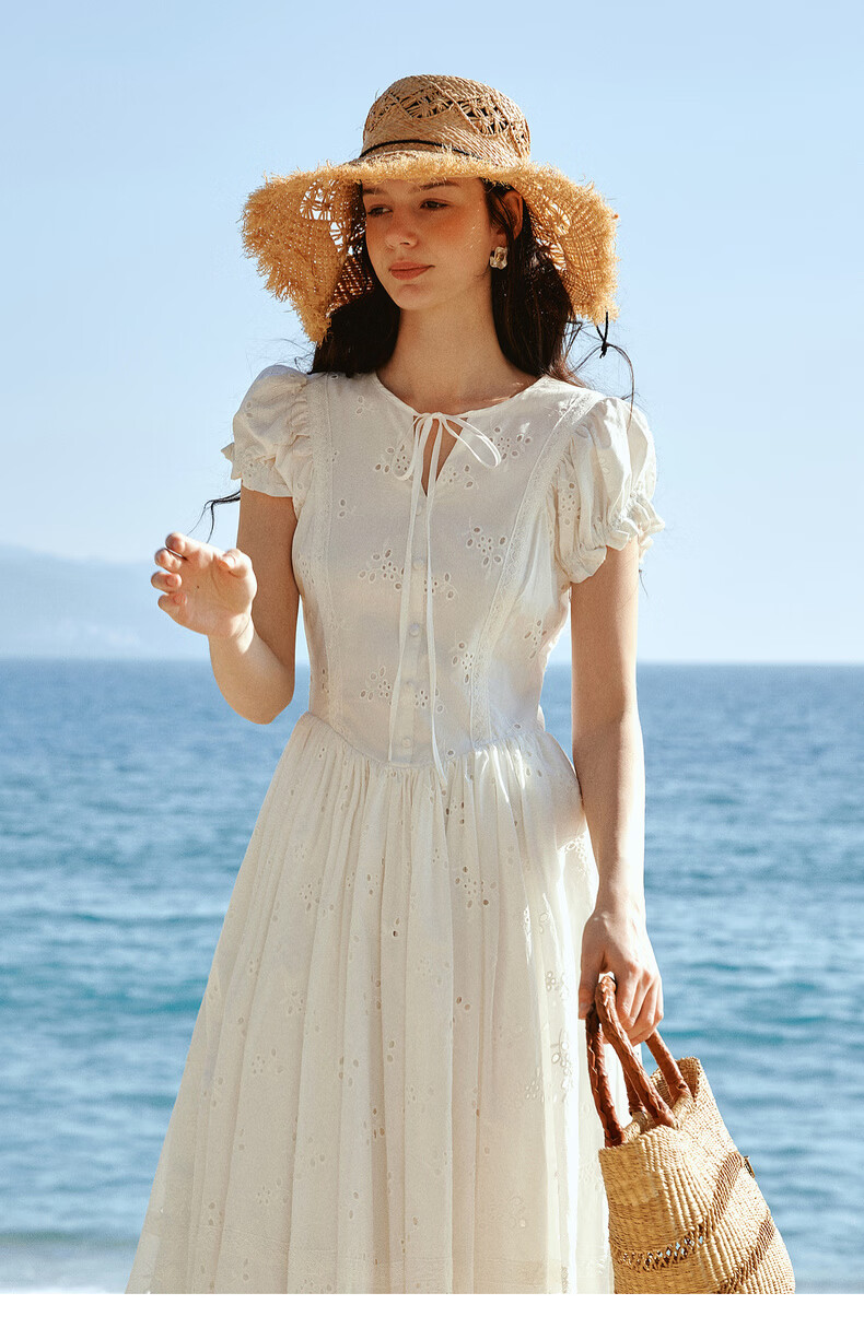 Olrain Eurielle French Embroidered New Summer White Waist-Tied Round Neck Puff Sleeve Dress White XL 21