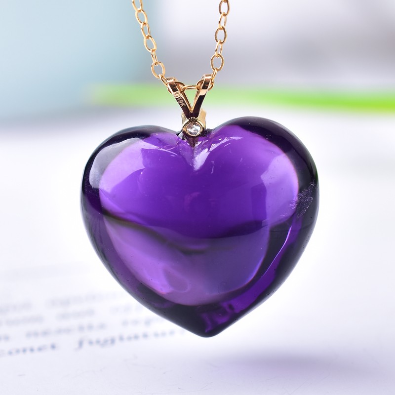梓瑞珠宝天然水晶紫水晶吊坠永恒的心全净体心形吊坠财富水晶18k金