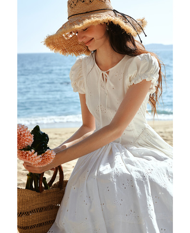 Olrain Eurielle French Embroidered New Summer White Waist-Tied Round Neck Puff Sleeve Dress White XL 19
