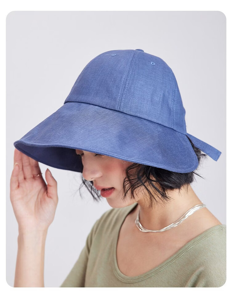 Lagur Japanese Classic Pure Linen Ponytail Outdoor Sunshade Fisherman Hat Sunscreen Hat for Women Summer Dark Blue 22