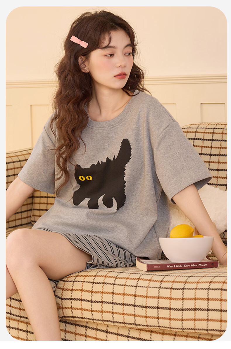 FENTENGCARE Women's Padded Cotton Pajama Set Spring Summer Crew Neck Pullover Short Sleeve Top Shorts and Long Pants Three-Piece Casual Loungewear 14