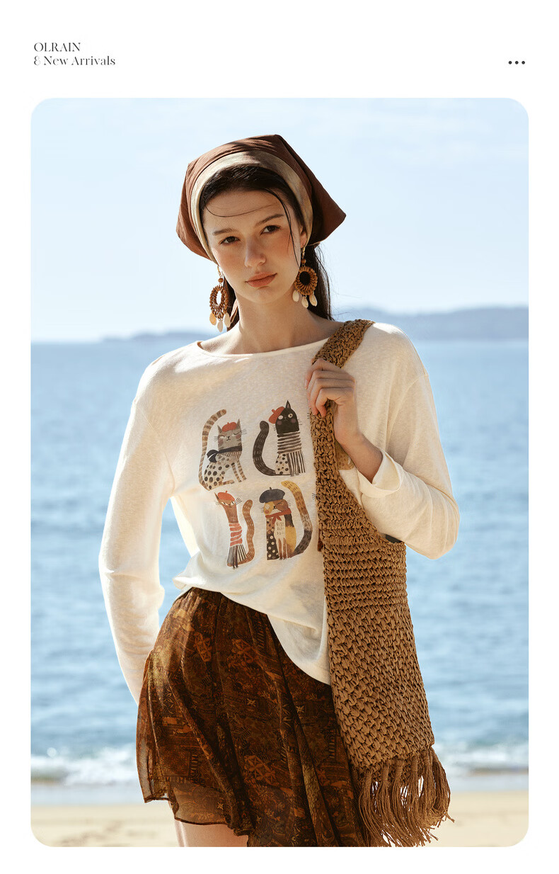 Olrain Tencel Casual Cat Print Long Sleeve T-Shirt Women Summer Large Round Neck Drop Shoulder Top Apricot L 8