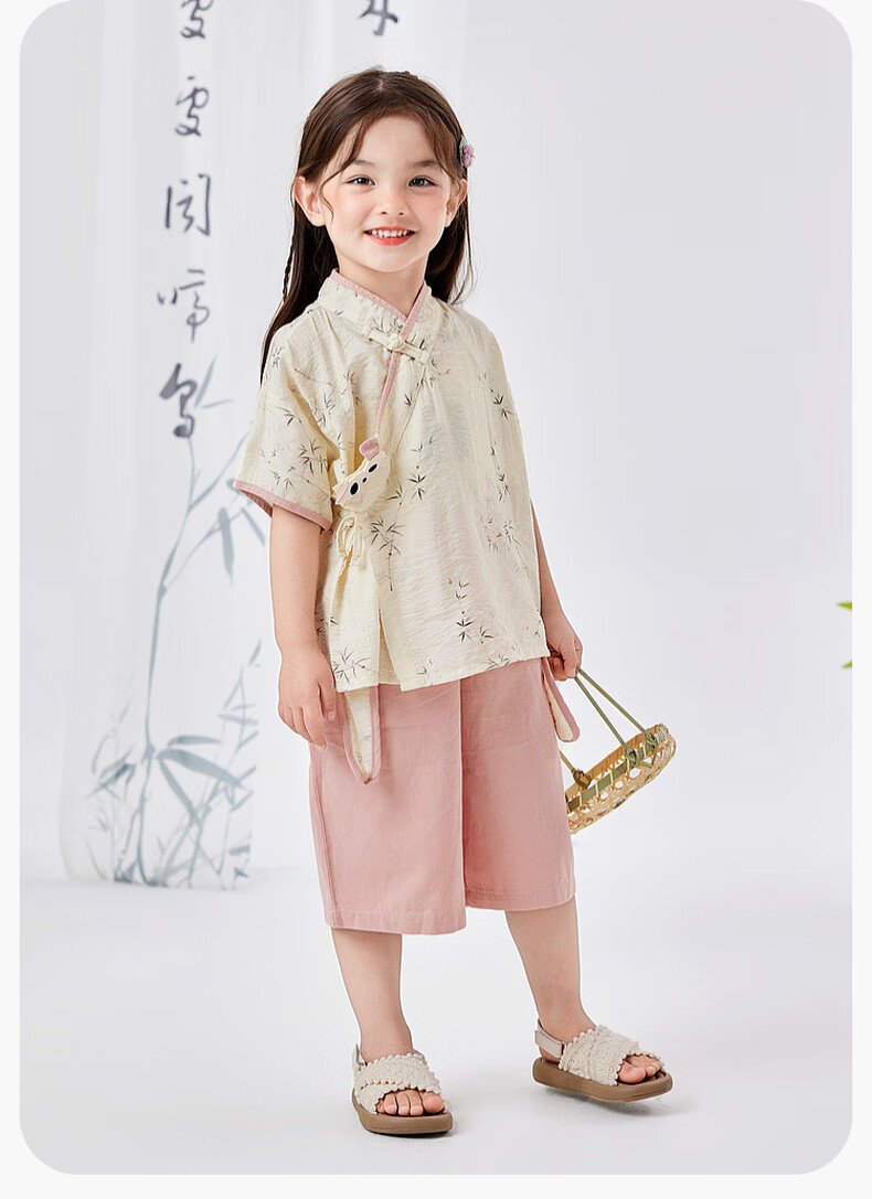 Dudu Baby New Chinese Style Summer Set Children's National Style Two-Piece Boys Short Sleeve Girls Shorts Summer Outfit Pink 90cm 22