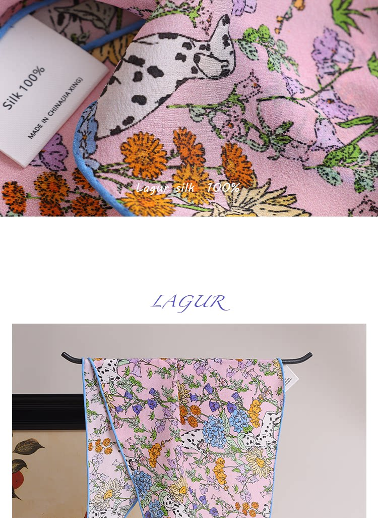 Lagur "French Wonderland" 100% Mulberry Silk Small Scarf 12 Momme Silk Triangle Neck Scarf Spring Autumn Cream Yellow 25