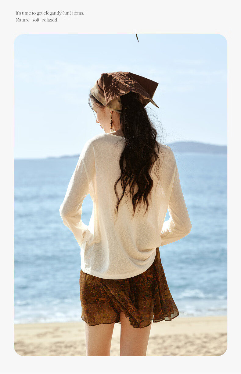 Olrain Tencel Casual Cat Print Long Sleeve T-Shirt Women Summer Large Round Neck Drop Shoulder Top Apricot L 13