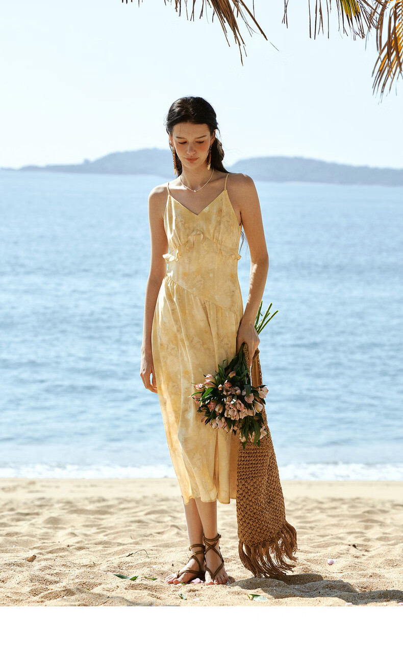Olrain New Summer Yellow French Vacation Style Ruffle Tie-Dye Print Spaghetti Strap Dress Yellow XL 17