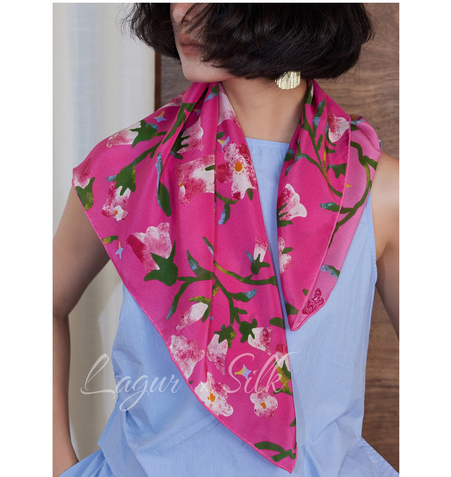 Lagur "Rose Red Morning Glory" Original Handmade Fine Rolled Mulberry Silk Scarf Midnight Blue (Pink Gift Box) 28