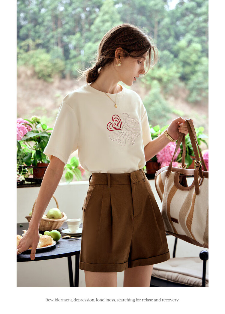 Olrain French Style Short Sleeve T-Shirt Women Summer Heart Embroidery Simple Round Neck Loose Top Apricot L 16