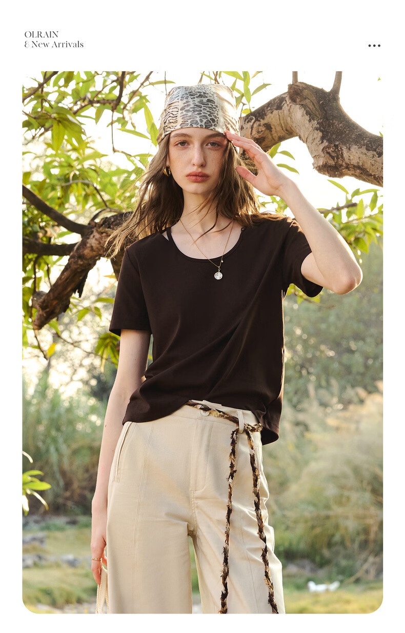 Olrain Oureier Round Neck Beaded Fitted Short Sleeve T-Shirt Women's Summer New Casual Trendy Top Beige L 7