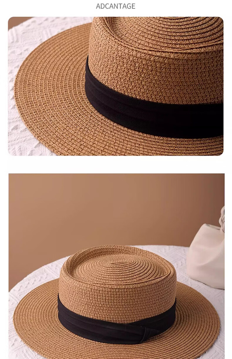 HAOGUAN Women's New Summer Sun Hat French Flat Top Straw Hat Slim Face Beach Sun Protection Hat 13