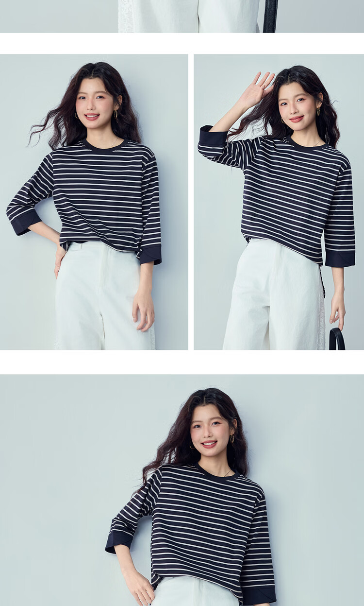 Giordano Women's T-Shirt 2026 Summer Cotton Striped Round Neck High-Low Hem 3/4 Sleeve Top 05326387 14