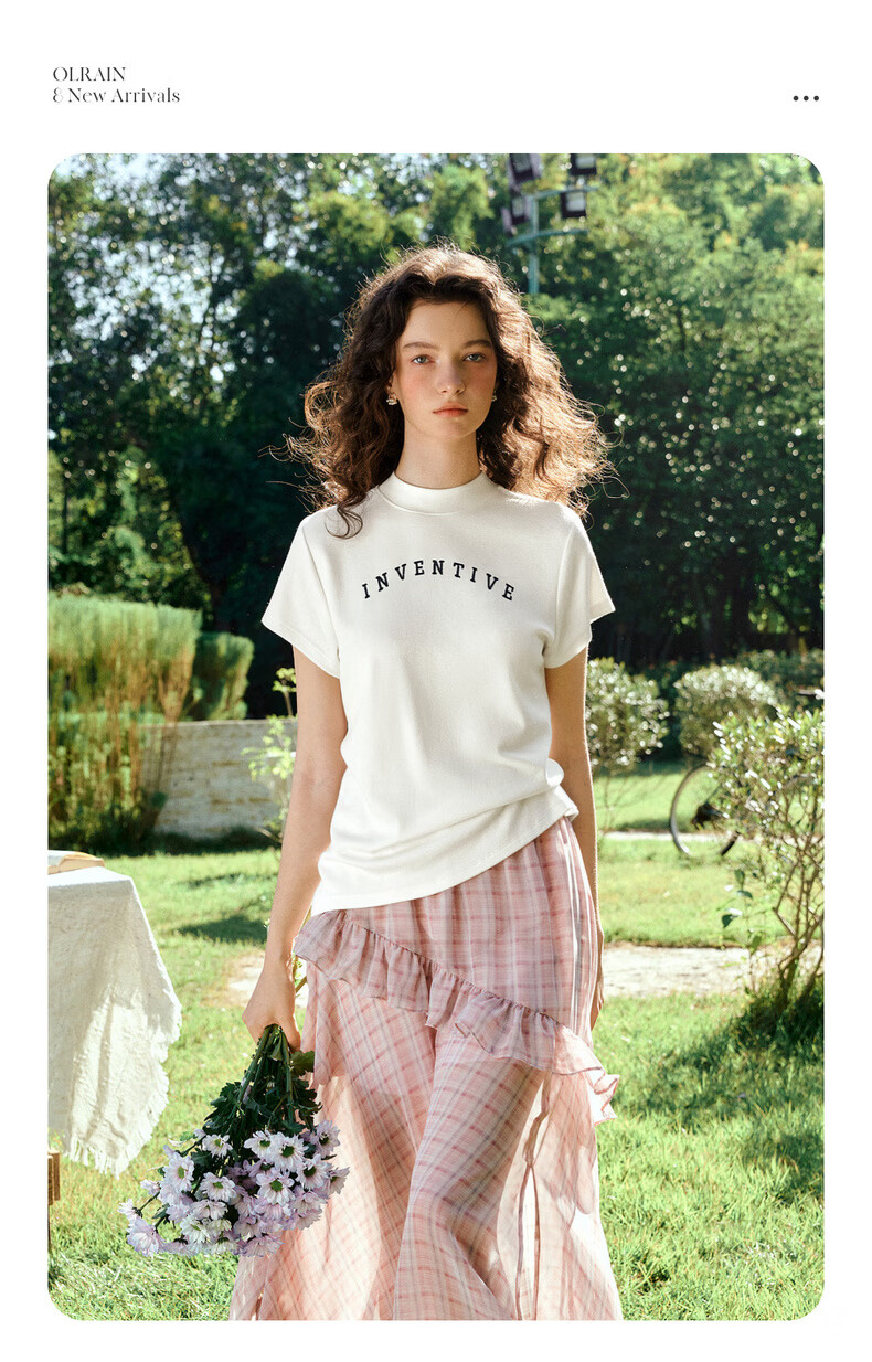 Olrain Oureier Stand Collar Letter Embroidered Short Sleeve T-Shirt Women Summer Casual Slim Fit Top White M 7