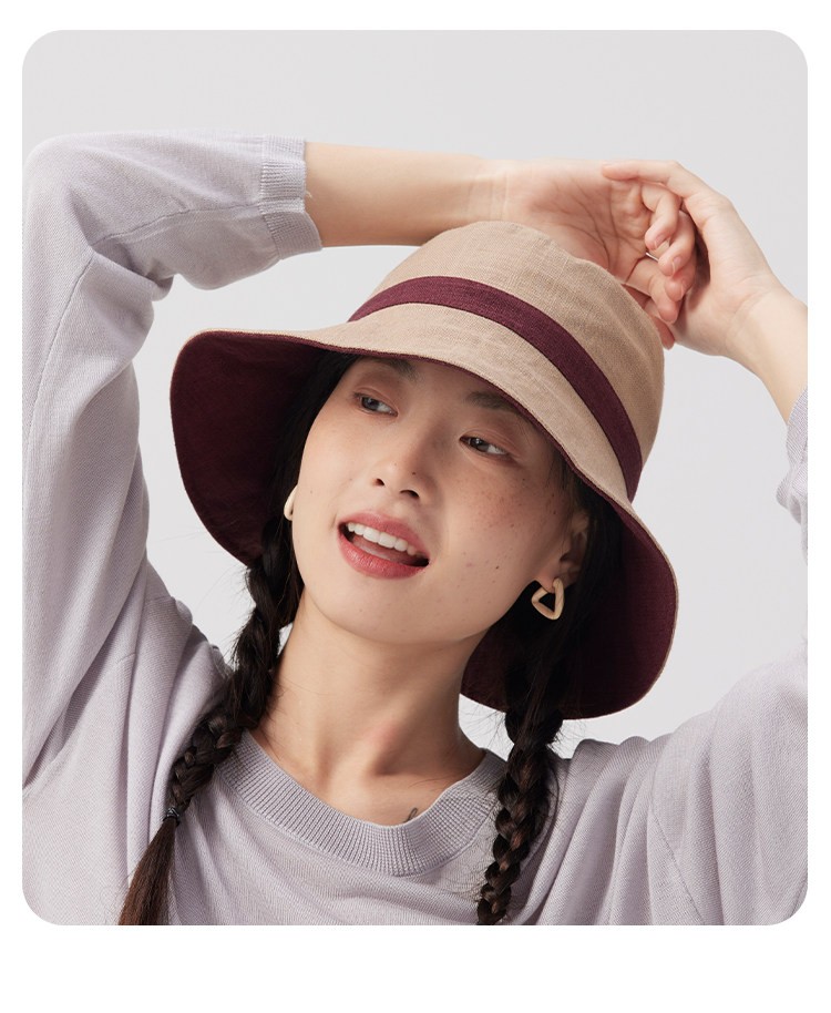Lagur Natural Ramie Double-Sided Embroidered Fisherman Hat with Wild Berry Pattern, Large Head Circumference, Sun Protection, Red Rice Color 13