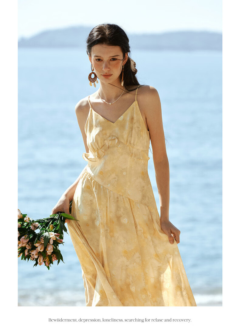 Olrain New Summer Yellow French Vacation Style Ruffle Tie-Dye Print Spaghetti Strap Dress Yellow XL 16
