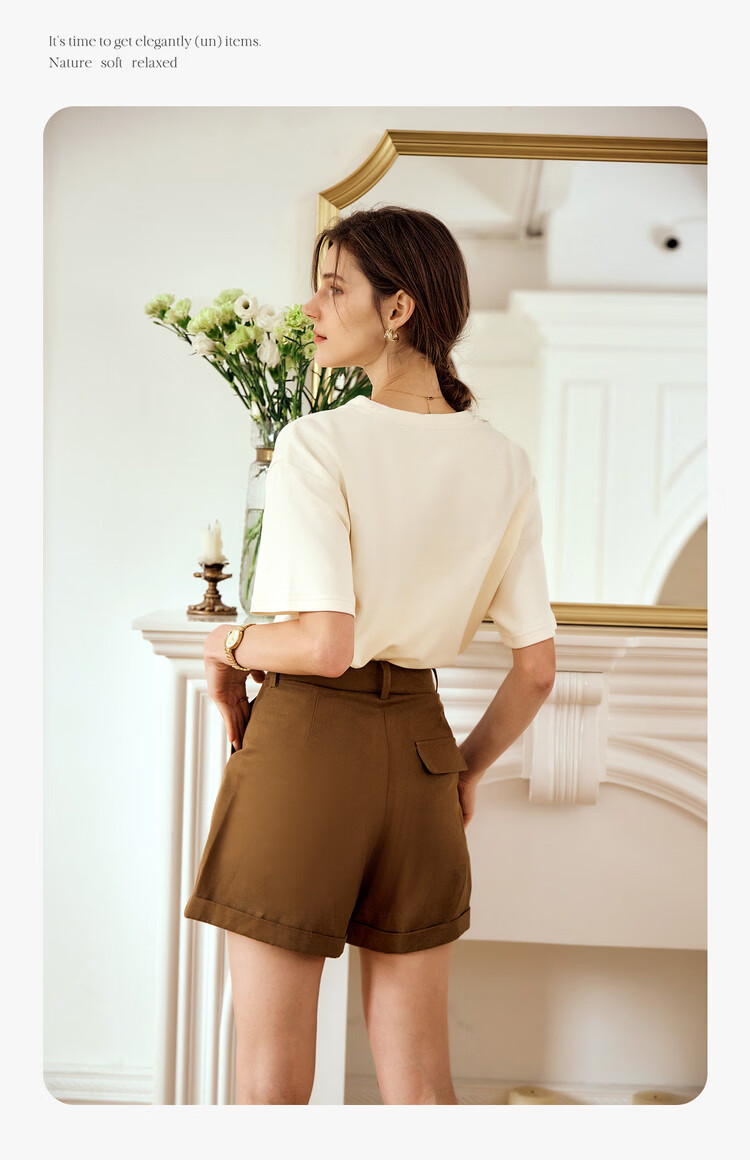 Olrain French Style Short Sleeve T-Shirt Women Summer Heart Embroidery Simple Round Neck Loose Top Apricot L 12