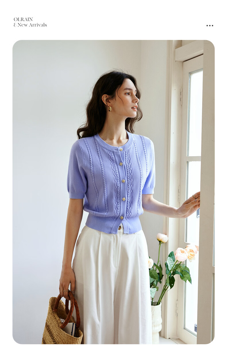 Olrain French Style Round Neck Cable Knit Cardigan Women Summer Commuter Casual Short Top Purple L 8